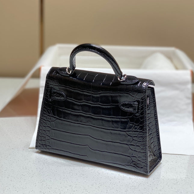HERMES 25S MINI KELLY 19 IN BLACK CALFSKIN SILVER HARDWARE