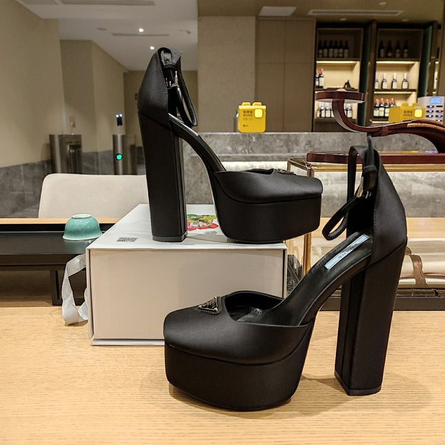 PRADA 26S PLATFORM ANKLE STRAP PUMPS 135MM IN BLACK SATIN