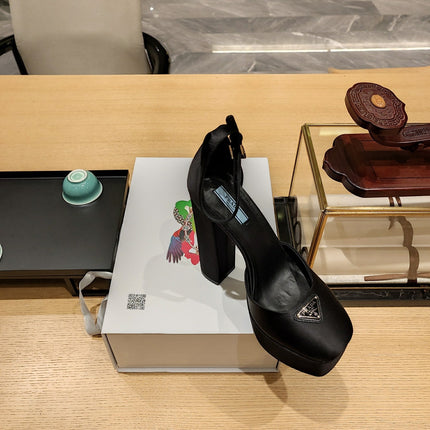 PRADA 26S PLATFORM ANKLE STRAP PUMPS 135MM IN BLACK SATIN