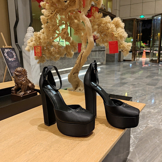 PRADA 26S PLATFORM ANKLE STRAP PUMPS 135MM IN BLACK SATIN