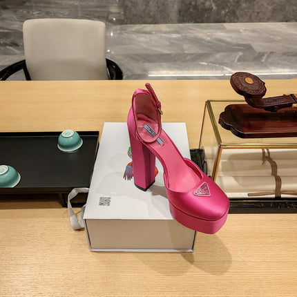 PRADA 26S PLATFORM ANKLE STRAP PUMPS 135MM IN PINK SATIN