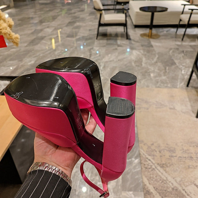 PRADA 26S PLATFORM ANKLE STRAP PUMPS 135MM IN PINK SATIN