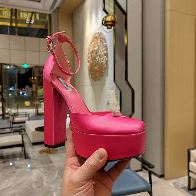 PRADA 26S PLATFORM ANKLE STRAP PUMPS 135MM IN PINK SATIN