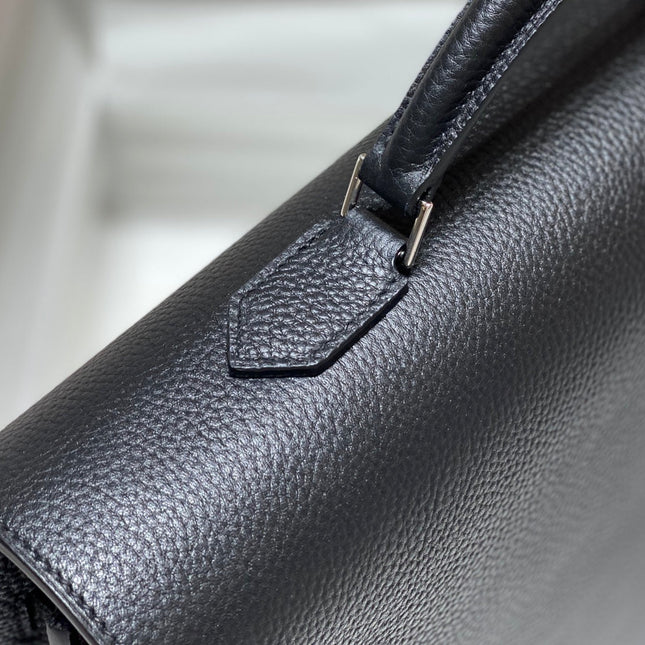 KELLY DEPECHES 38 BRIEFCASE IN BLACK TOGO CALFSKIN SILVER HARDWARE