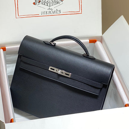 KELLY DEPECHES 38 BRIEFCASE IN BLACK TOGO CALFSKIN SILVER HARDWARE