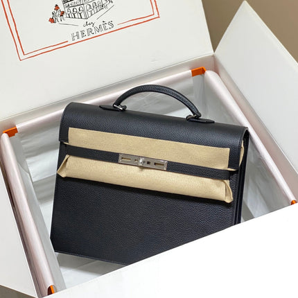 KELLY DEPECHES 34 BRIEFCASE IN BLACK TOGO CALFSKIN SILVER HARDWARE