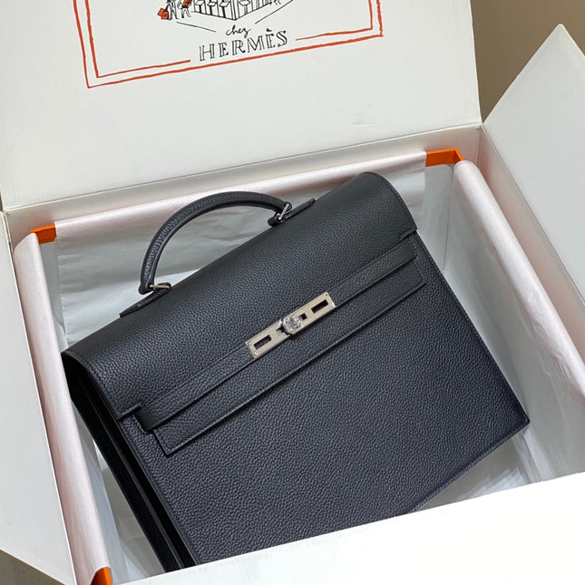 KELLY DEPECHES 34 BRIEFCASE IN BLACK TOGO CALFSKIN SILVER HARDWARE