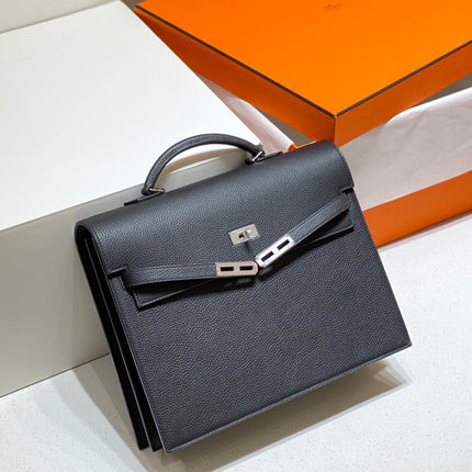 KELLY DEPECHES 34 BRIEFCASE IN BLACK TOGO CALFSKIN SILVER HARDWARE