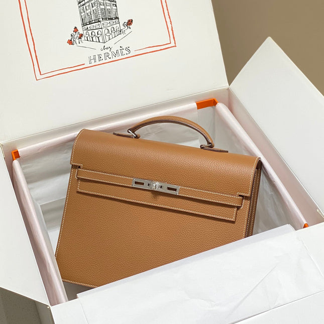 KELLY DEPECHES 34 BRIEFCASE IN GOLD TOGO CALFSKIN SILVER HARDWARE
