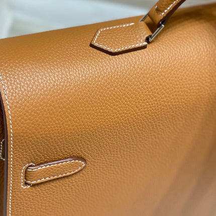 KELLY DEPECHES 34 BRIEFCASE IN GOLD TOGO CALFSKIN SILVER HARDWARE