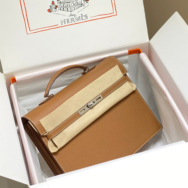 KELLY DEPECHES 34 BRIEFCASE IN GOLD TOGO CALFSKIN SILVER HARDWARE