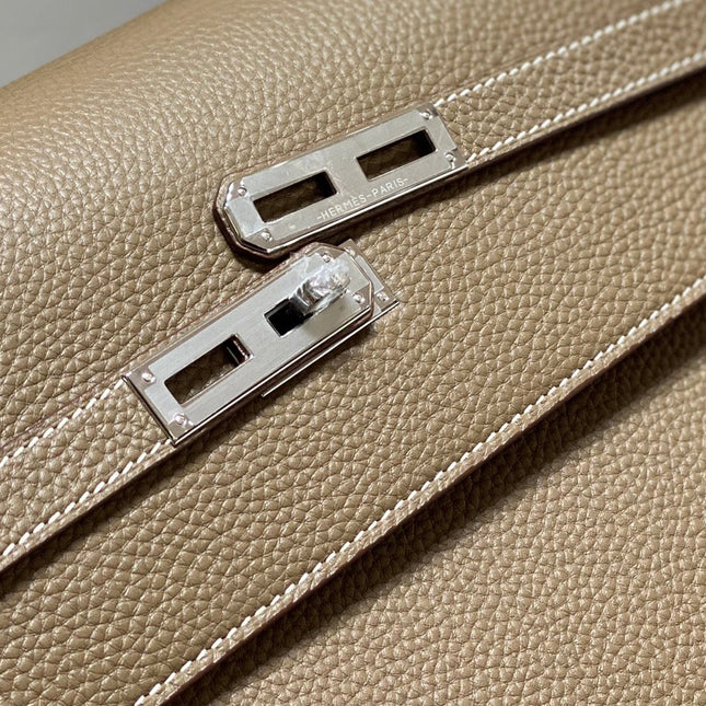 KELLY DEPECHES 38 BRIEFCASE IN ETOUPE TOGO CALFSKIN SILVER HARDWARE