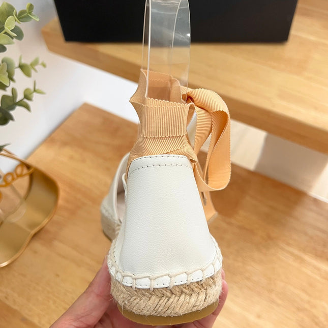 PRADA 26S LACE UP ESPADRILLE FLATS IN CREAM WHITE CALFSKIN