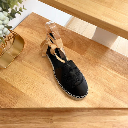 PRADA 26S LACE UP ESPADRILLE FLATS IN BLACK CALFSKIN