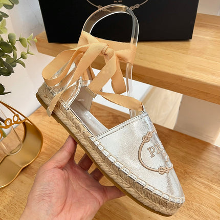 PRADA 26S LACE UP ESPADRILLE FLATS IN SILVER CALFSKIN