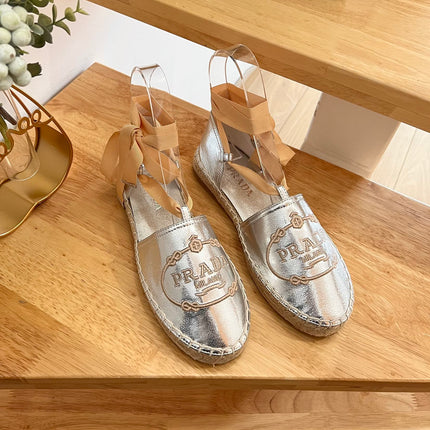 PRADA 26S LACE UP ESPADRILLE FLATS IN SILVER CALFSKIN