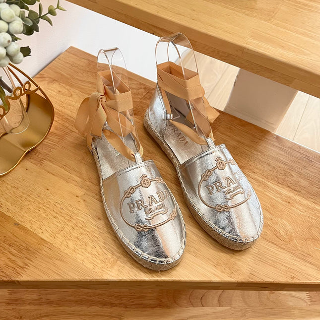 PRADA 26S LACE UP ESPADRILLE FLATS IN SILVER CALFSKIN