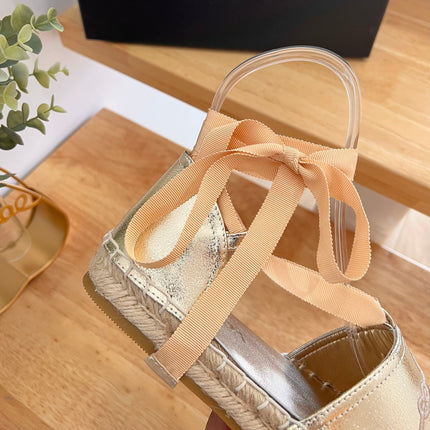 PRADA 26S LACE UP ESPADRILLE FLATS IN GOLD CALFSKIN