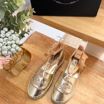 PRADA 26S LACE UP ESPADRILLE FLATS IN GOLD CALFSKIN