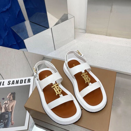 BURBERRY 26S STRAP SANDALS IN WHITE AND CARAMEL BROWN CALFSKIN