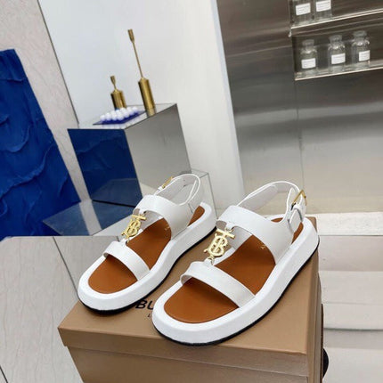 BURBERRY 26S STRAP SANDALS IN WHITE AND CARAMEL BROWN CALFSKIN