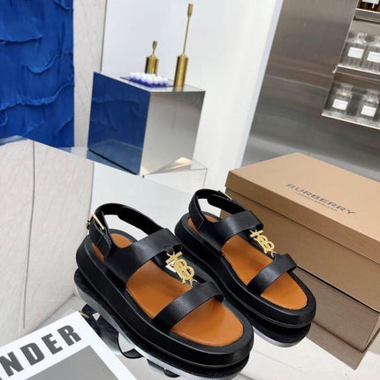 BURBERRY 26S STRAP SANDALS IN BLACK AND CARAMEL BROWN CALFSKIN