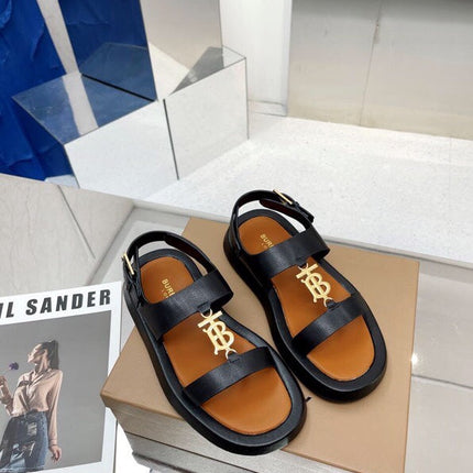 BURBERRY 26S STRAP SANDALS IN BLACK AND CARAMEL BROWN CALFSKIN