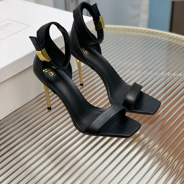 BALMAIN 25S METAL BUCKLE HIGH HEELS 95MM IN BLACK CALFSKIN
