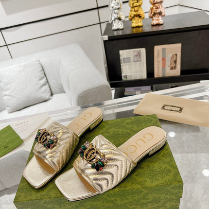 GG SPARKLE CRYSTAL SLIDE SANDAL METALLIC GOLD CALFSKIN