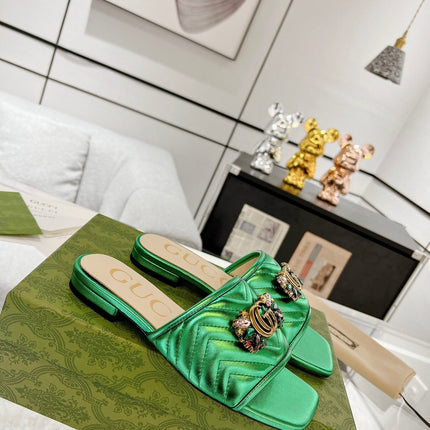 GG SPARKLE CRYSTAL SLIDE SANDAL METALLIC GREEN CALFSKIN