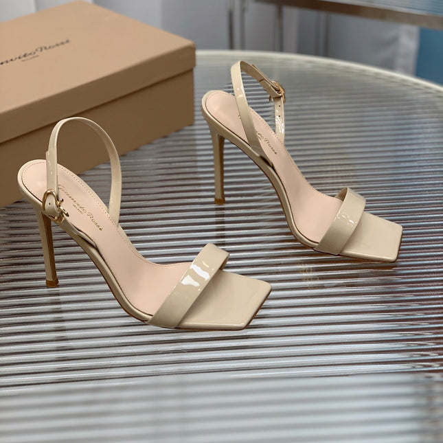 GIANVITO ROSSI 26S RIBBON HEELS 105 MM IN LIGHT BEIGE PATENT LAMBSKIN