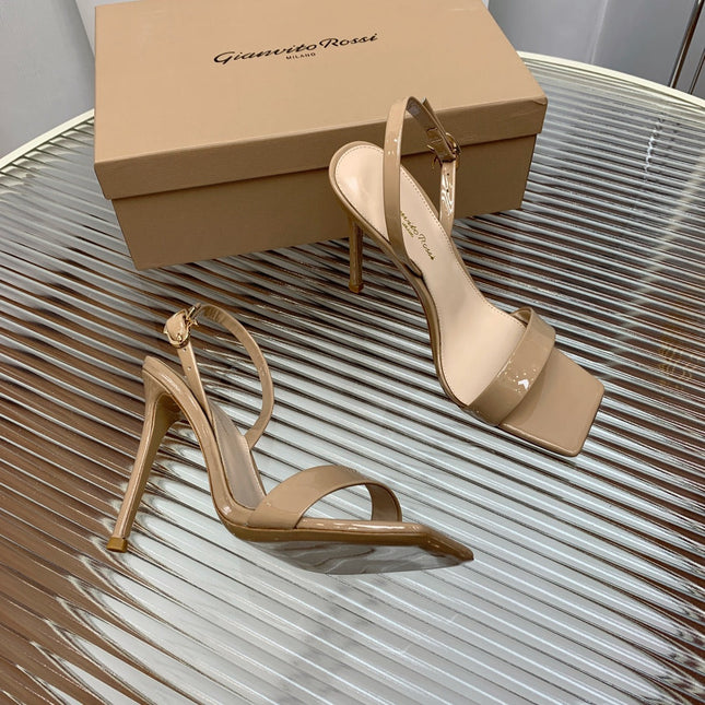 GIANVITO ROSSI 26S RIBBON HEELS 105 MM IN NUDE BEIGE PATENT LAMBSKIN