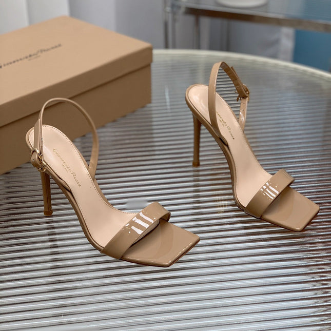 GIANVITO ROSSI 26S RIBBON HEELS 105 MM IN NUDE BEIGE PATENT LAMBSKIN