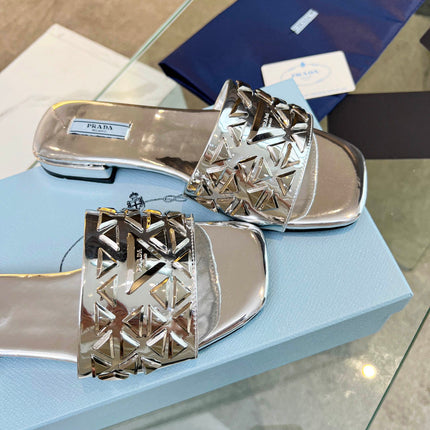 PRA EMBROIDERED SLIDES FLAT SILVER CALFSKIN