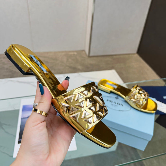PRA EMBROIDERED SLIDES FLAT METALLIC GOLD CALFSKIN