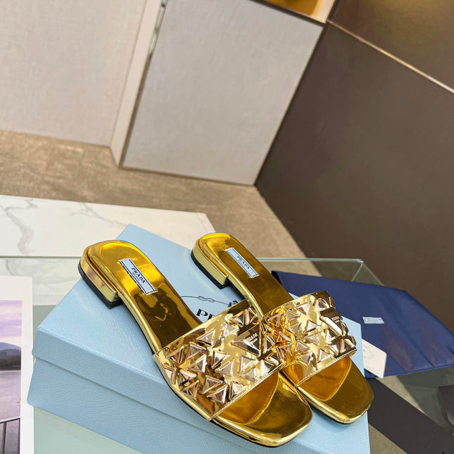 PRA EMBROIDERED SLIDES FLAT METALLIC GOLD CALFSKIN