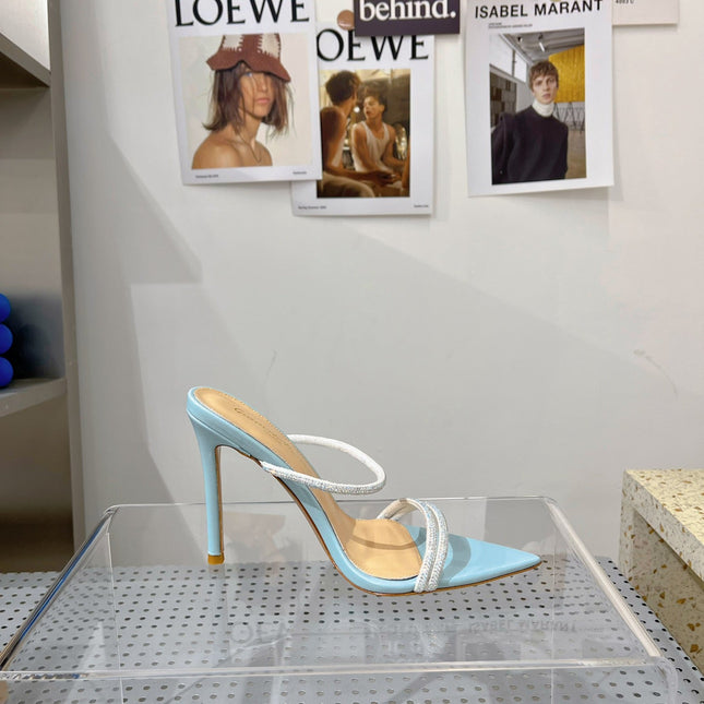 GIANVITO ROSSI 26S POINTED HIGH-HEEL SANDALS 100 MM IN SKY BLUE LAMBSKIN
