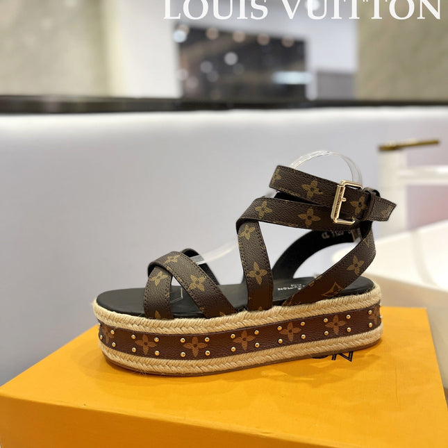LV 26S STUDDED WEDGE SANDALS 70 MM IN DARK BROWN COATED CANVAS