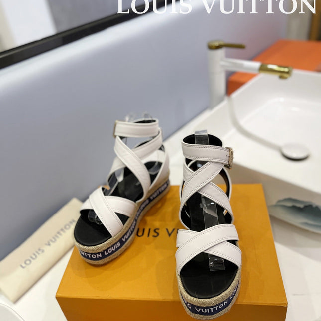 LV 26S WEDGE SANDALS 70 MM IN WHITE AND BLACK LAMBSKIN