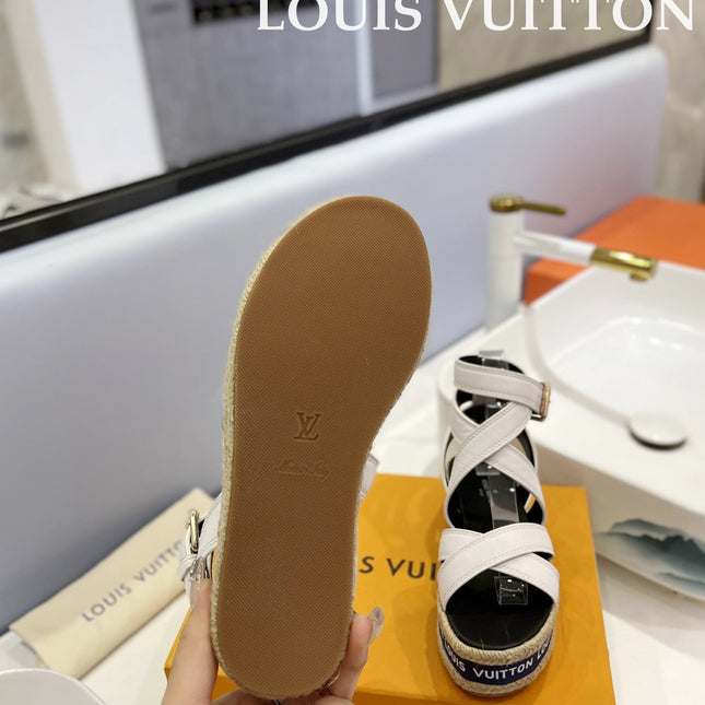 LV 26S WEDGE SANDALS 70 MM IN WHITE AND BLACK LAMBSKIN