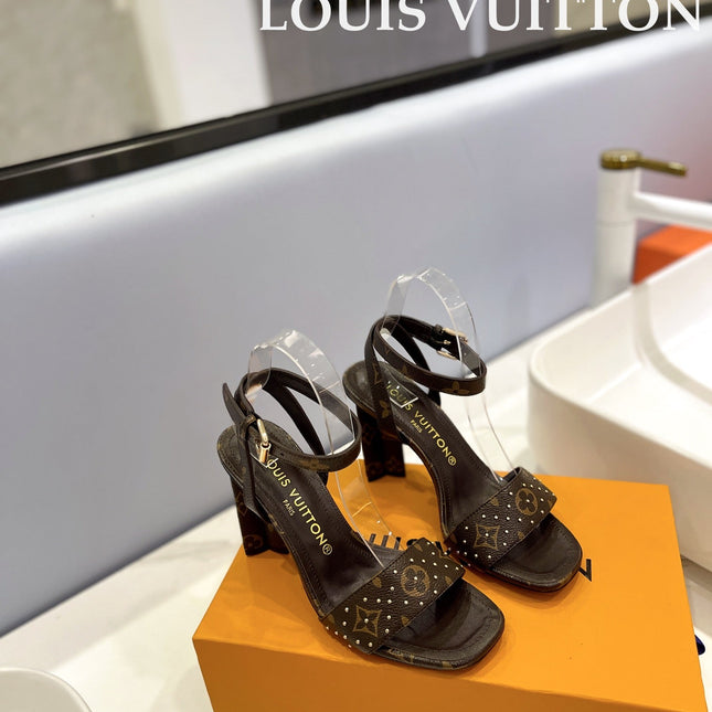 LV 26S HIGH HEEL SANDALS 80 MM IN DARK BROWN MONOGRAM CANVAS WITH STUDS