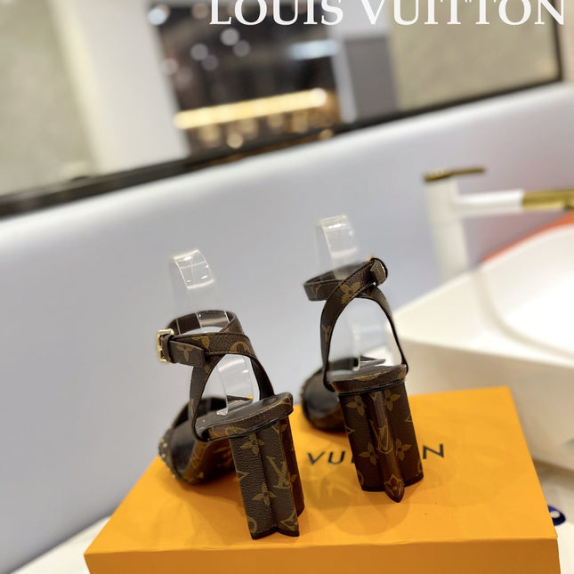 LV 26S HIGH HEEL SANDALS 80 MM IN DARK BROWN MONOGRAM CANVAS WITH STUDS