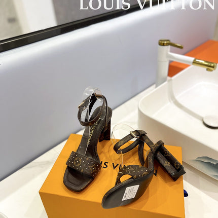 LV 26S HIGH HEEL SANDALS 80 MM IN DARK BROWN MONOGRAM CANVAS WITH STUDS