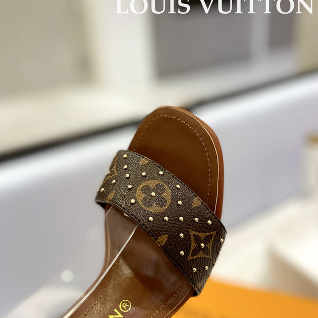 LV 26S HIGH HEEL SANDALS 80 MM IN BROWN MONOGRAM CANVAS WITH STUDS