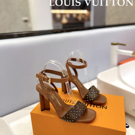 LV 26S HIGH HEEL SANDALS 80 MM IN BROWN MONOGRAM CANVAS WITH STUDS