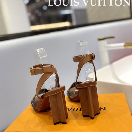 LV 26S HIGH HEEL SANDALS 80 MM IN BROWN MONOGRAM CANVAS WITH STUDS
