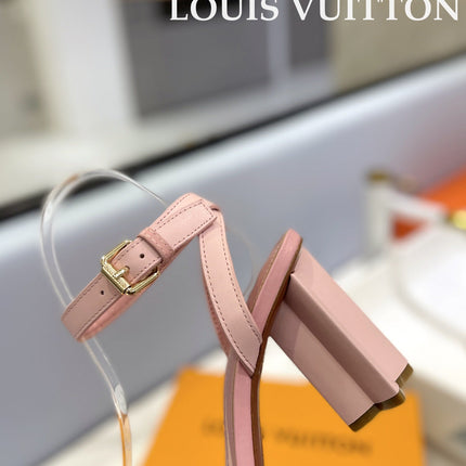 LV 26S HIGH HEEL SANDALS 80 MM IN LIGHT PINK AND DARK BROWN MONOGRAM CANVAS WITH STUDS