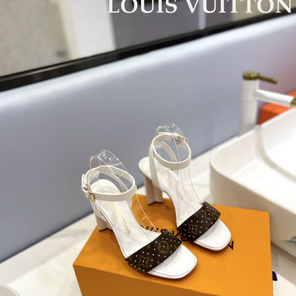 LV 26S HIGH HEEL SANDALS 80 MM IN WHITE AND DARK BROWN MONOGRAM CANVAS WITH STUDS