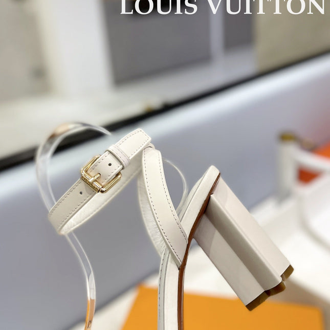 LV 26S HIGH HEEL SANDALS 80 MM IN WHITE AND DARK BROWN MONOGRAM CANVAS WITH STUDS