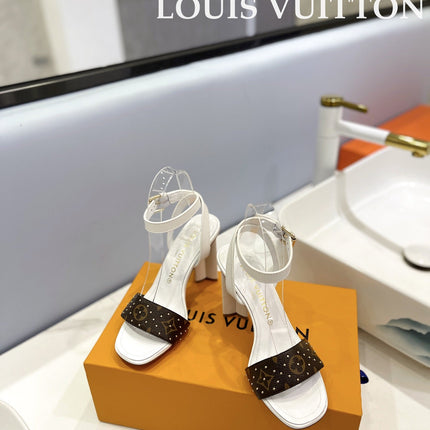 LV 26S HIGH HEEL SANDALS 80 MM IN WHITE AND DARK BROWN MONOGRAM CANVAS WITH STUDS